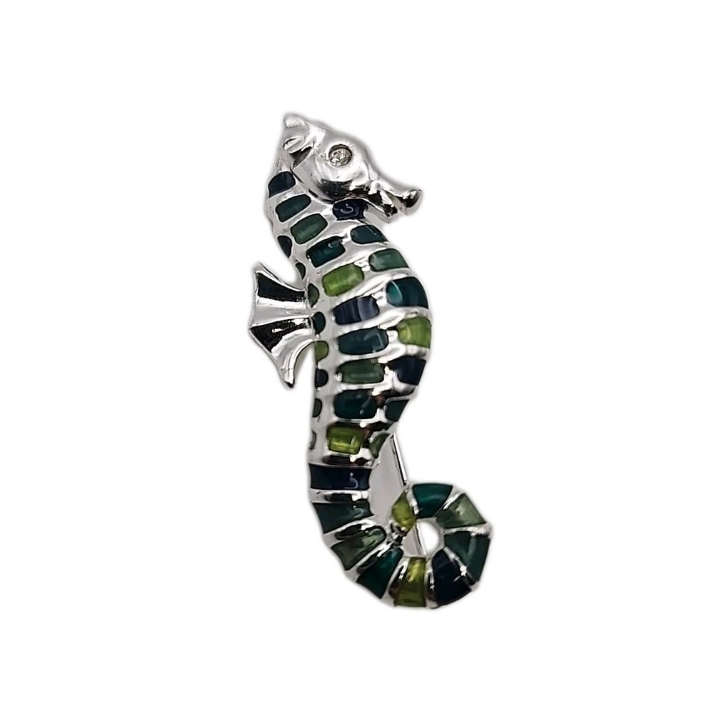Vintage Anne Klein Seahorse Green Enamel Silver Tone Brooch Pin Beach Tropical